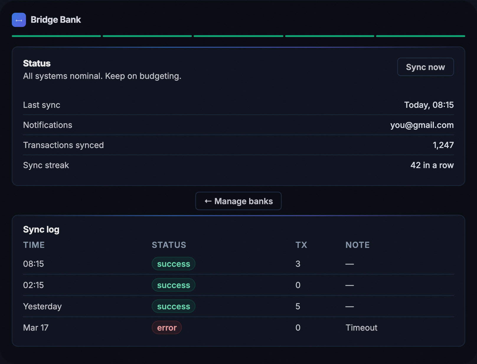 Bridge Bank product interface